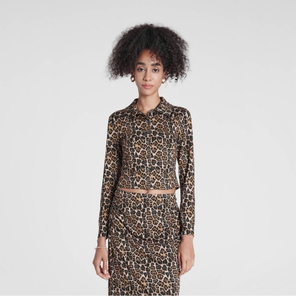 NWT Women's Wild Fable Gold Knit Front Button Gold Leopard Cardigan Size S